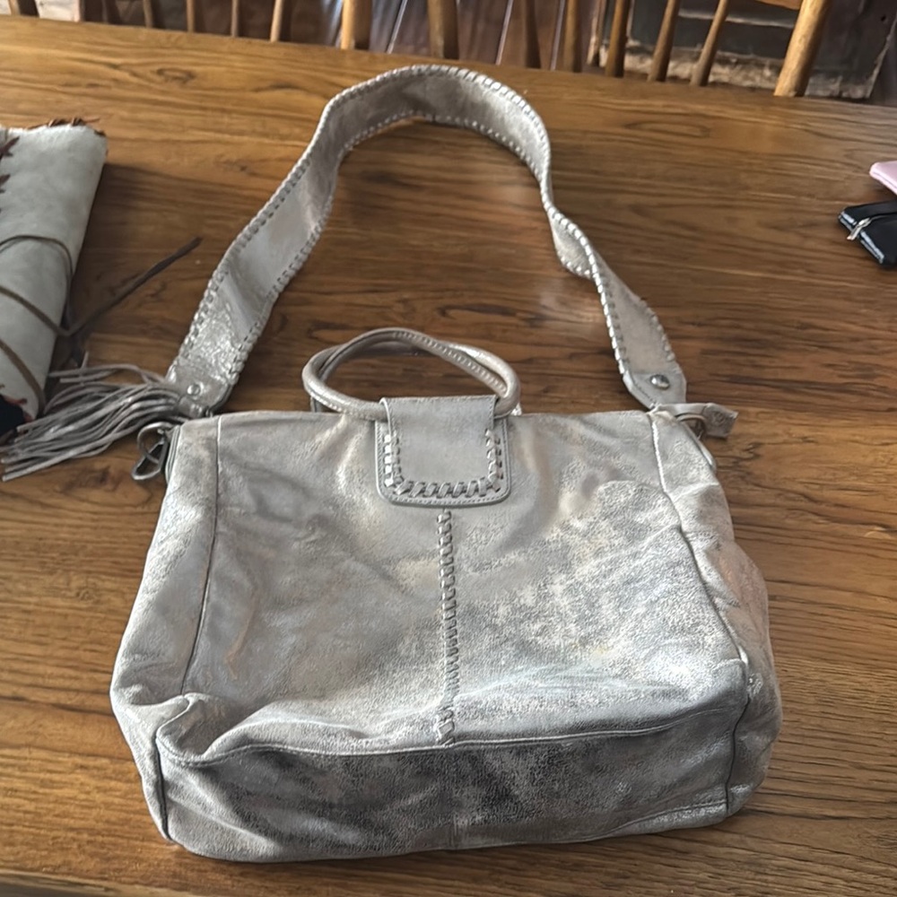 HOBO Sheila large silver metallic leather shoulder bag.